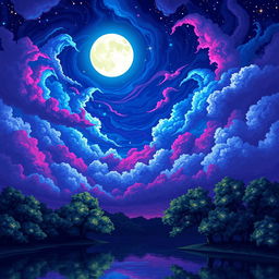 An exquisite night landscape illustrated in pixel art style, featuring an imaginative sky filled with extraordinary colors such as electric blues, deep magentas, and shimmering silvers
