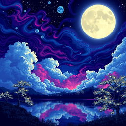 An exquisite night landscape illustrated in pixel art style, featuring an imaginative sky filled with extraordinary colors such as electric blues, deep magentas, and shimmering silvers
