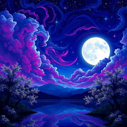 An exquisite night landscape illustrated in pixel art style, featuring an imaginative sky filled with extraordinary colors such as electric blues, deep magentas, and shimmering silvers
