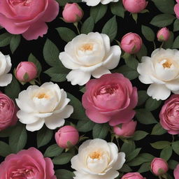 A striking 3D wallpaper showcasing a dark background teeming with exceptionally large, vibrant roses, posies, magnolias, and peonies in diverse colors, tightly packed together, with minimal elements of greenery