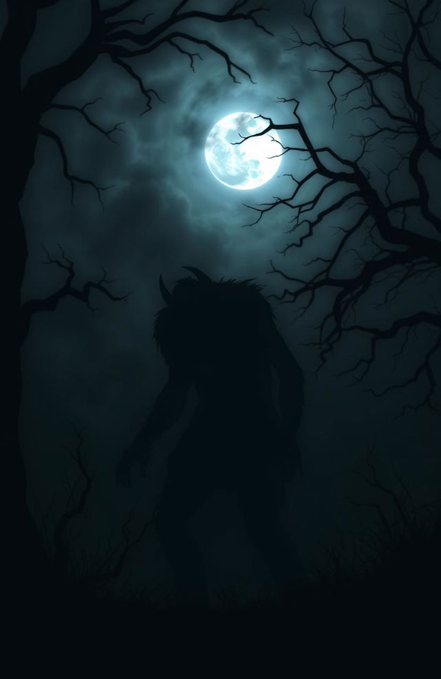 A dark and eerie scene featuring a monstrous silhouette lurking in the shadows