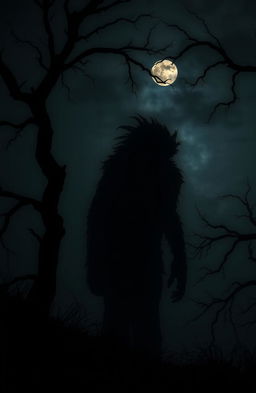 A dark and eerie scene featuring a monstrous silhouette lurking in the shadows