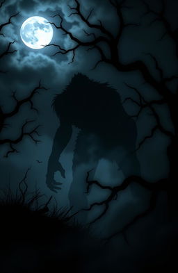 A dark and eerie scene featuring a monstrous silhouette lurking in the shadows