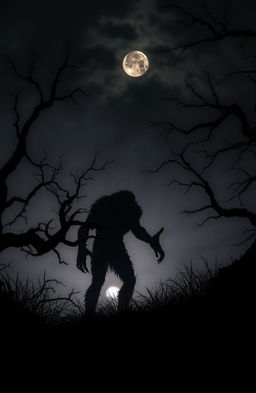 A dark and eerie scene featuring a monstrous silhouette lurking in the shadows