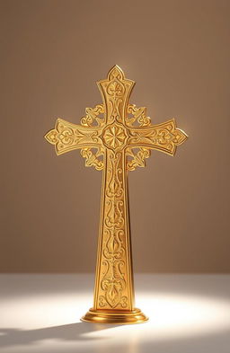 A beautifully crafted, gold plated raised cross symbolizing Christianity, intricately detailed with delicate patterns and a reflective surface that glistens in the light