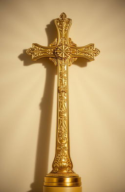 A beautifully crafted, gold plated raised cross symbolizing Christianity, intricately detailed with delicate patterns and a reflective surface that glistens in the light