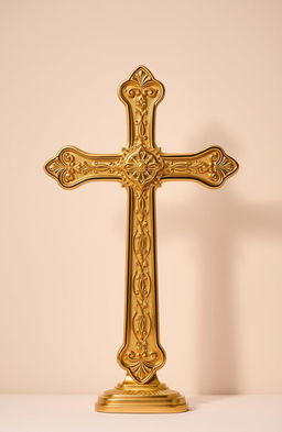 A beautifully crafted, gold plated raised cross symbolizing Christianity, intricately detailed with delicate patterns and a reflective surface that glistens in the light