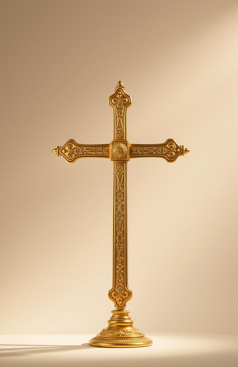 A beautifully crafted, gold plated raised cross symbolizing Christianity, intricately detailed with delicate patterns and a reflective surface that glistens in the light