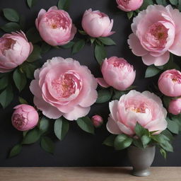 A visually captivating 3D wallpaper, presenting a dark backdrop overflowing with large-scale, vibrant roses, posies, magnolias, and peonies, emphasising the inclusion of extraordinarily large peonies, all closely knit with minimalist greenery