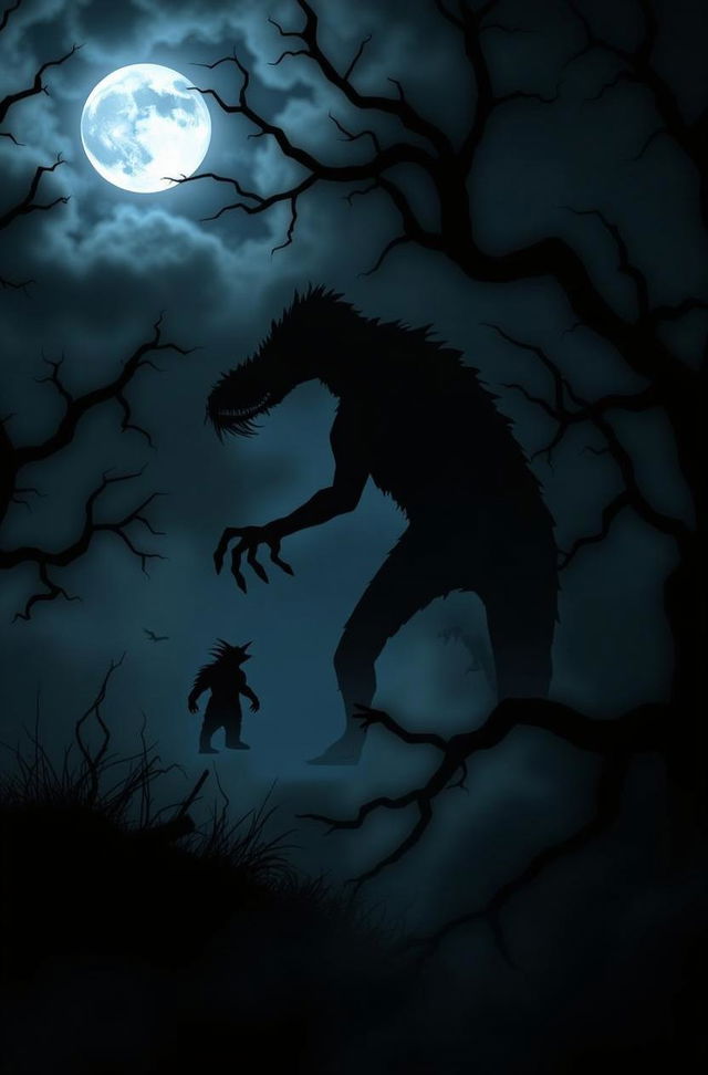 A dark and eerie illustration featuring a towering monstrous silhouette resembling a werewolf or creature in a misty forest