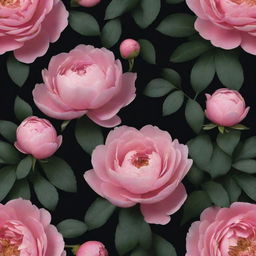 A visually captivating 3D wallpaper, presenting a dark backdrop overflowing with large-scale, vibrant roses, posies, magnolias, and peonies, emphasising the inclusion of extraordinarily large peonies, all closely knit with minimalist greenery