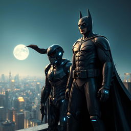 An epic scene depicting Batman standing tall on a rooftop overlooking Gotham City, with his iconic dark cape blowing in the wind