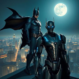 An epic scene depicting Batman standing tall on a rooftop overlooking Gotham City, with his iconic dark cape blowing in the wind