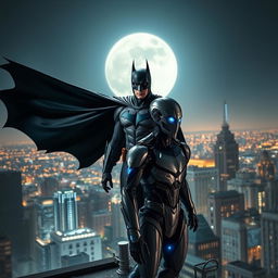 An epic scene depicting Batman standing tall on a rooftop overlooking Gotham City, with his iconic dark cape blowing in the wind