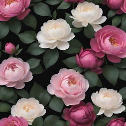 A visually captivating 3D wallpaper, presenting a dark backdrop overflowing with large-scale, vibrant roses, posies, magnolias, and peonies, emphasising the inclusion of extraordinarily large peonies, all closely knit with minimalist greenery