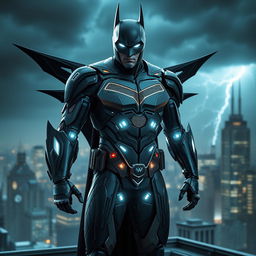 An imaginative redesign of Batman as an android, featuring a sleek, high-tech suit that combines traditional Batman aesthetics with futuristic elements