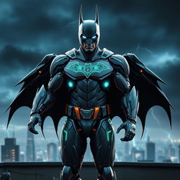 An imaginative redesign of Batman as an android, featuring a sleek, high-tech suit that combines traditional Batman aesthetics with futuristic elements