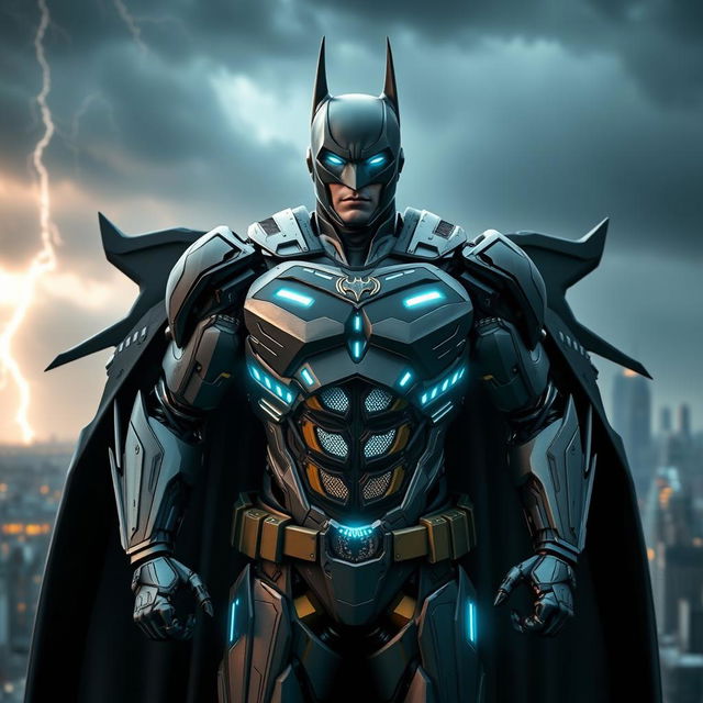 An imaginative redesign of Batman as an android, featuring a sleek, high-tech suit that combines traditional Batman aesthetics with futuristic elements