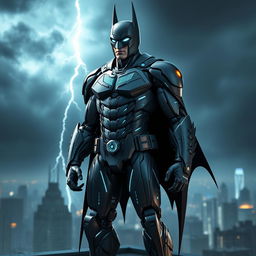 An imaginative redesign of Batman as an android, featuring a sleek, high-tech suit that combines traditional Batman aesthetics with futuristic elements