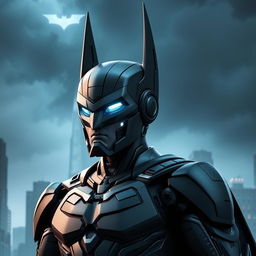 An innovative character design for 'BatDroid', a hybrid of Batman and a high-tech android