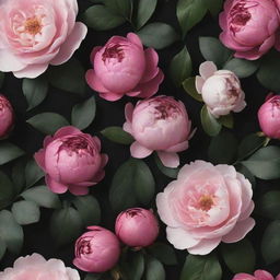 A visually captivating 3D wallpaper, presenting a dark backdrop overflowing with large-scale, vibrant roses, posies, magnolias, and peonies, emphasising the inclusion of extraordinarily large peonies, all closely knit with minimalist greenery