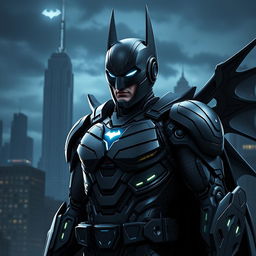 An innovative character design for 'BatDroid', a hybrid of Batman and a high-tech android