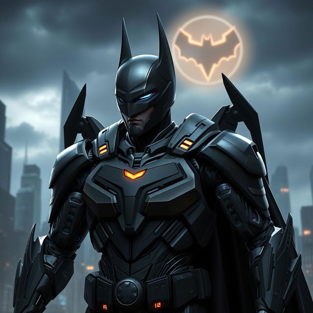 An innovative character design for 'BatDroid', a hybrid of Batman and a high-tech android