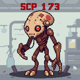 A pixel art depiction of SCP-173 from the game *SCP: Secret Laboratory*, designed artistically to emphasize a beautiful and intriguing aspect of the character