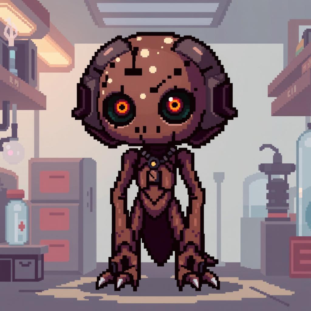 A pixel art depiction of SCP-173 from the game *SCP: Secret Laboratory*, designed artistically to emphasize a beautiful and intriguing aspect of the character