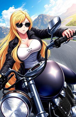 A female character with long, flowing blonde hair riding a sleek motorcycle