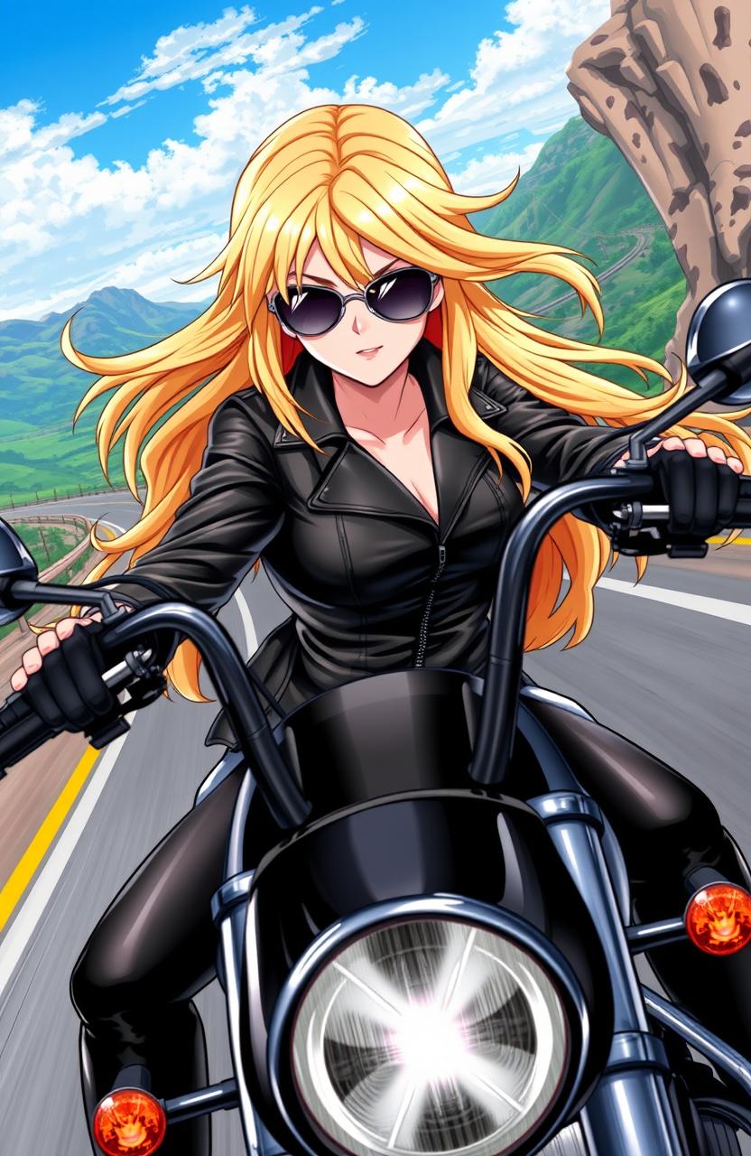 A female character with long, flowing blonde hair riding a sleek motorcycle