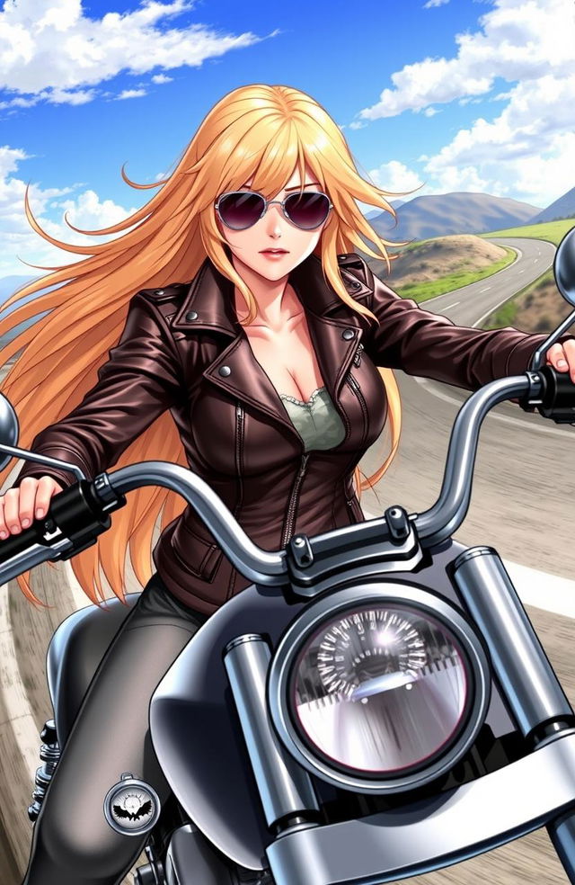 A female character with long, flowing blonde hair riding a sleek motorcycle