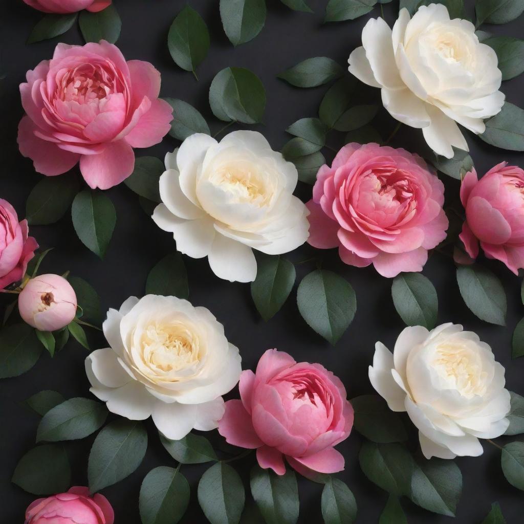 A visually arresting 3D wallpaper with a dark backdrop, filled to the brim with vibrant, extra-large roses, posies, an abundance of magnolias, and uncommonly large peonies