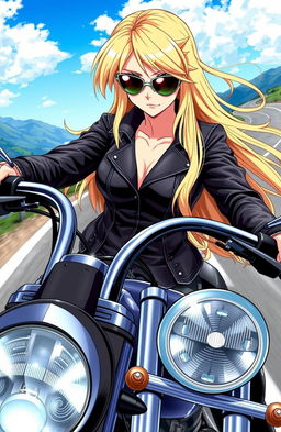 A female character with long, flowing blonde hair riding a sleek motorcycle