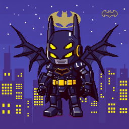 A vibrant pixel art design of 'BatDroid', a unique character that combines elements of Batman and robotics