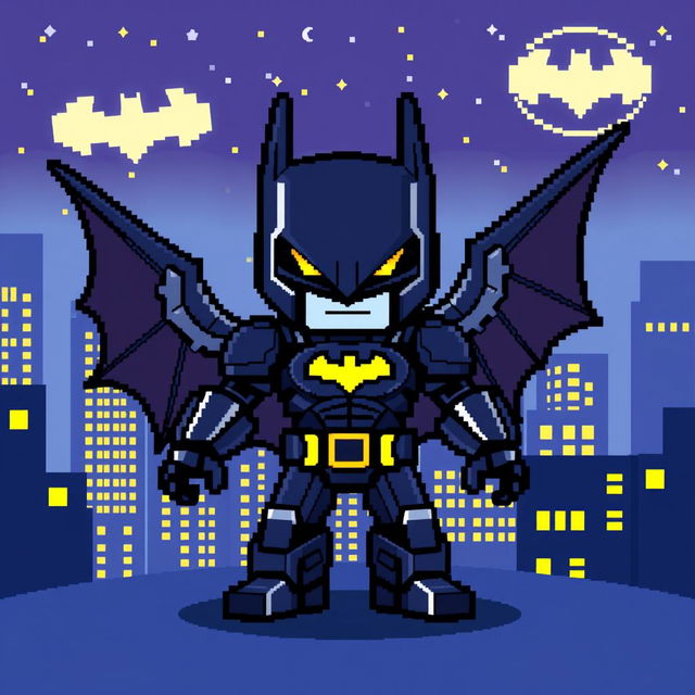 A vibrant pixel art design of 'BatDroid', a unique character that combines elements of Batman and robotics