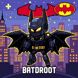 A vibrant pixel art design of 'BatDroid', a unique character that combines elements of Batman and robotics