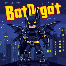 A vibrant pixel art design of 'BatDroid', a unique character that combines elements of Batman and robotics