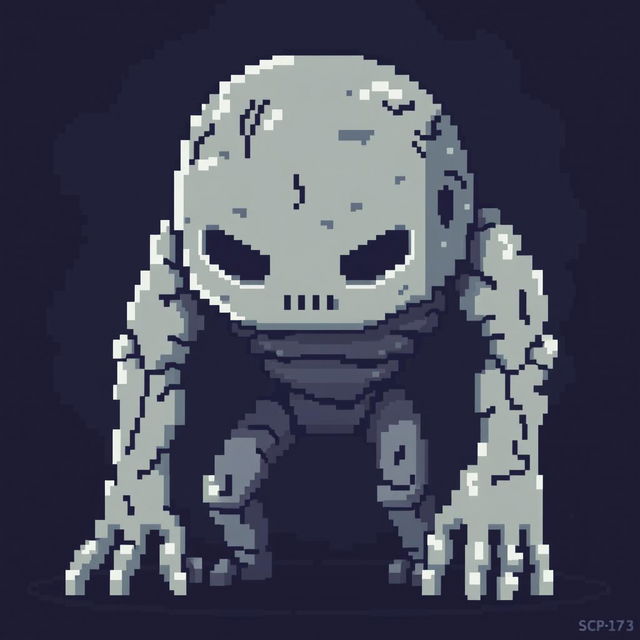 A pixel art representation of SCP-173, capturing its iconic features such as its pale concrete-like texture, rigid posture, and distinct expressionless face