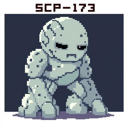 A pixel art representation of SCP-173, capturing its iconic features such as its pale concrete-like texture, rigid posture, and distinct expressionless face