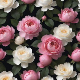 A visually arresting 3D wallpaper with a dark backdrop, filled to the brim with vibrant, extra-large roses, posies, an abundance of magnolias, and uncommonly large peonies