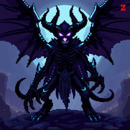 A pixel art representation of Shadow Fiend from the game Dota 2, capturing his menacing silhouette and shadowy essence