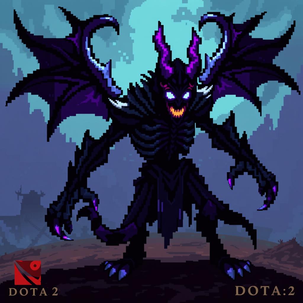 A pixel art representation of Shadow Fiend from the game Dota 2, capturing his menacing silhouette and shadowy essence