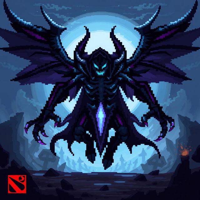 A pixel art representation of Shadow Fiend from the game Dota 2, capturing his menacing silhouette and shadowy essence