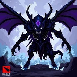 A pixel art representation of Shadow Fiend from the game Dota 2, capturing his menacing silhouette and shadowy essence