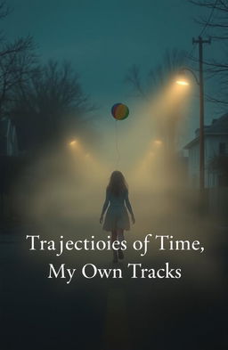 A girl walking in the middle of a quiet street during the evening, enveloped in soft, mysterious fog
