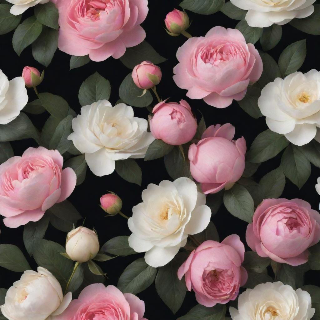 A visually arresting 3D wallpaper with a dark backdrop, filled to the brim with vibrant, extra-large roses, posies, an abundance of magnolias, and uncommonly large peonies