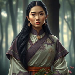 An elegant portrait of Wewe Gombel, a traditional Indonesian folklore character, depicted with a large, majestic chest