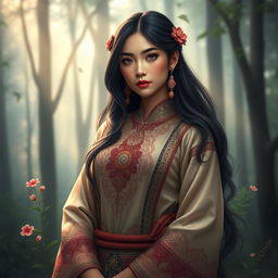 An elegant portrait of Wewe Gombel, a traditional Indonesian folklore character, depicted with a large, majestic chest