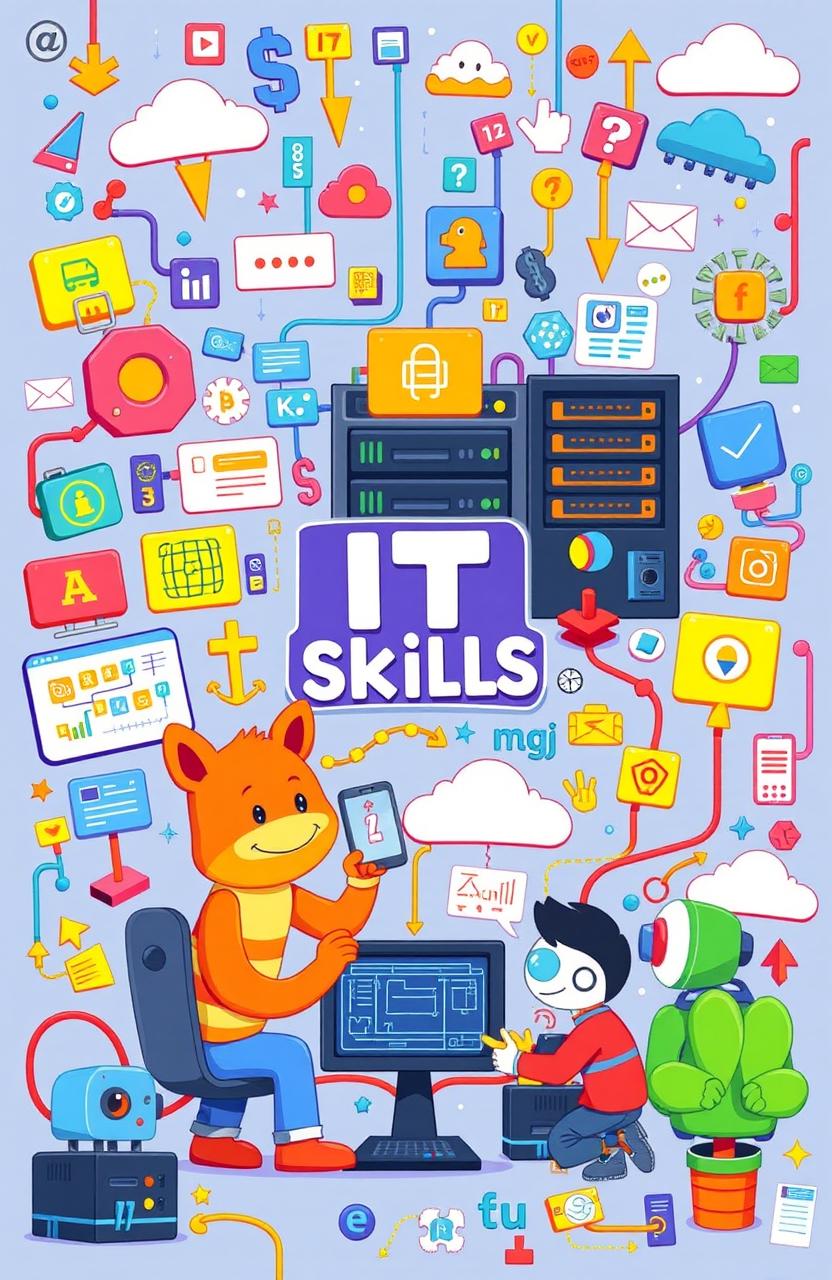 A colorful and vibrant digital illustration depicting various IT skills in a fun and engaging way